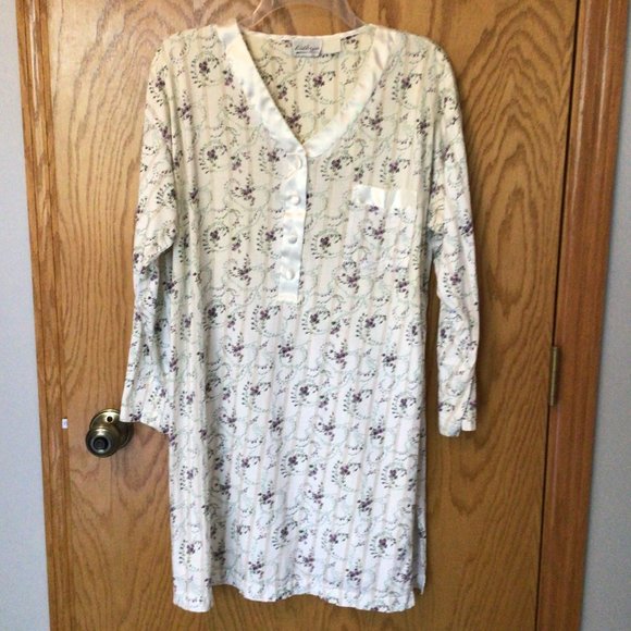 Kathryn Other - Kathryn - Flannel sleep shirt with purple flowers and ivory satin trim